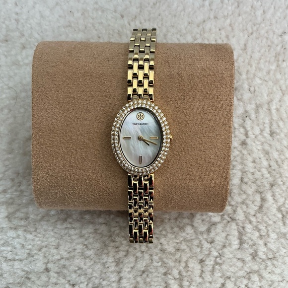 BEAUTIFUL TORY BURCH MOTHER OF PEARL PAVE EMBELLISHED GOLD TONE WATCH - Picture 3 of 16